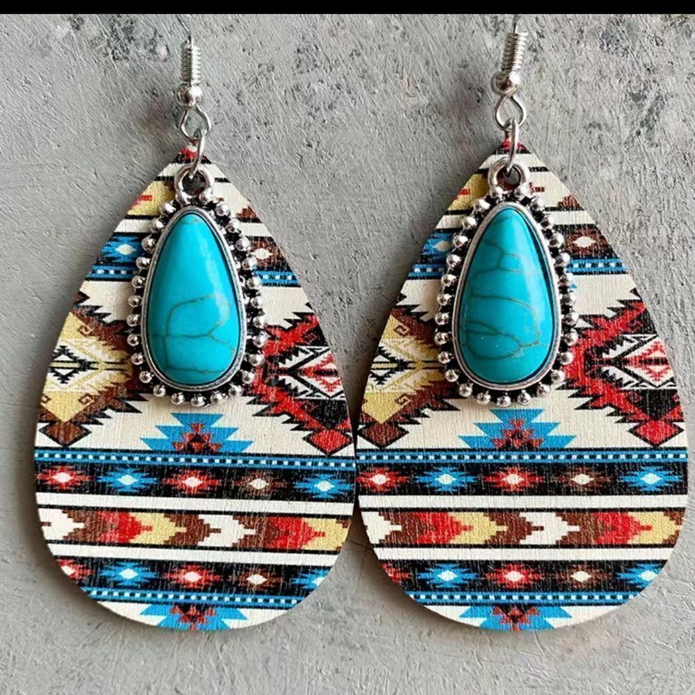 WESTERN STYLE WOODEN EARRINGS WITH TURQUOISE TEARDROP